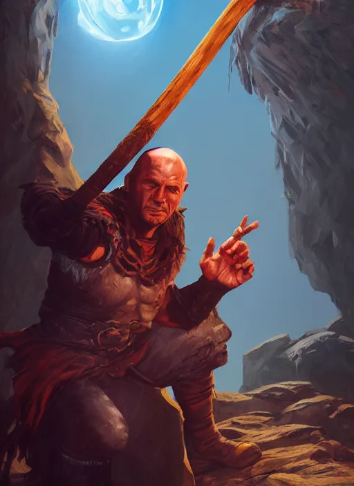 Image similar to an epic fantasy comic book style portrait painting of a lean and cruel man with a cudgel who bosses around children in a cave, unreal 5, daz, hyperrealistic, octane render, cosplay, rpg portrait, dynamic lighting