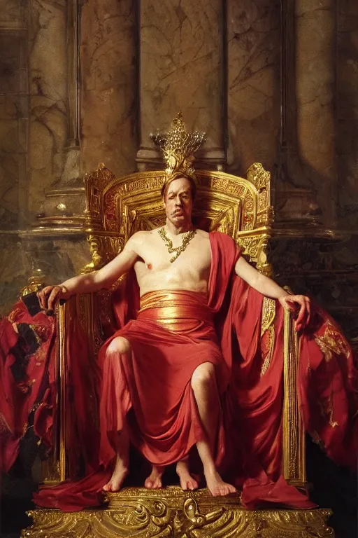 Image similar to beautiful portrait oil painting, steve buscemi wearing a golden wreath crown in royal crimson robes enthroned as the god emperor of ancient rome, mid - shot, by anders zorn, wonderful masterpiece by greg rutkowski, beautiful cinematic light, american romanticism, by thomas lawrence, greg rutkowski