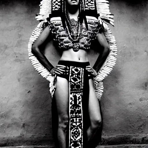 Prompt: full body photo portrait of attractive aztec beauty in temple, old photo, highly detailed, fashion photography, black and white, by Annie Leibovitz