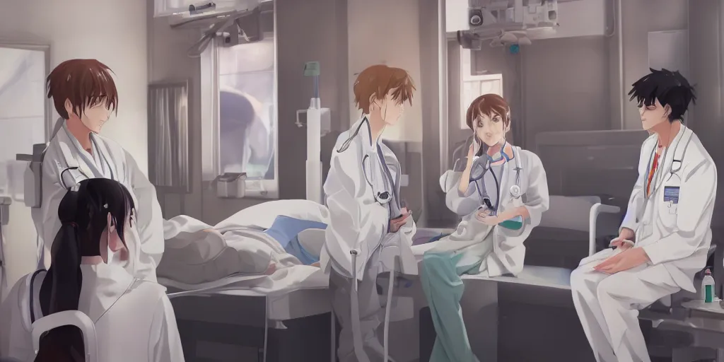 Image similar to a cute and beautiful young female doctor wearing white coat are talking with a handsome young man wearing white coat in a hospital ward, highly detailed, digital painting, slice of life anime, illustration, anime scenery by Makoto shinkai