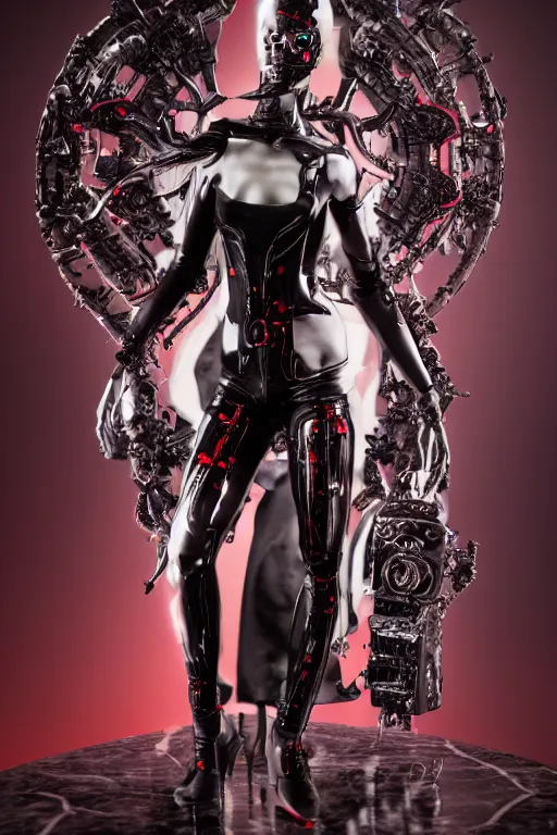 Image similar to full-body cyberpunk style sculpture of a young beautiful dark priestess, half android with a head opening exposing circuitry, glowing red eyes, black roses, flowing blood red colored silk, fabric, candles, baroque elements, human skull. full-length view. baroque element. intricate artwork by Caravaggio. crows flying in background. Trending on artstation, octane render, cinematic lighting from the right, hyper realism, octane render, 8k, depth of field, 3D