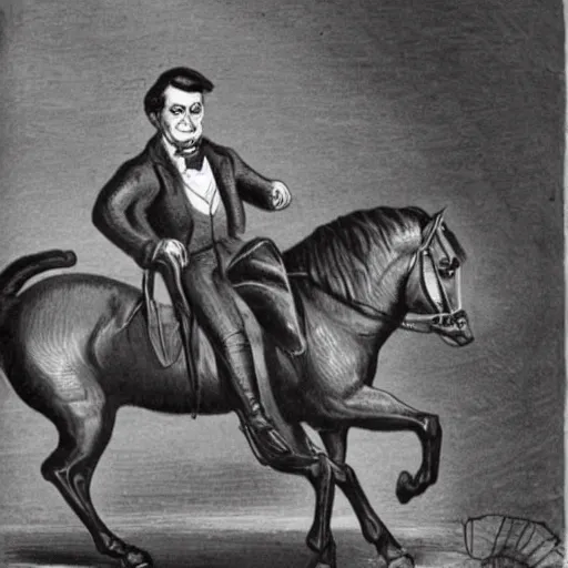 Prompt: Matteo Renzi riding a horse with the face of Mario Draghi, 19th century caricature, black and white