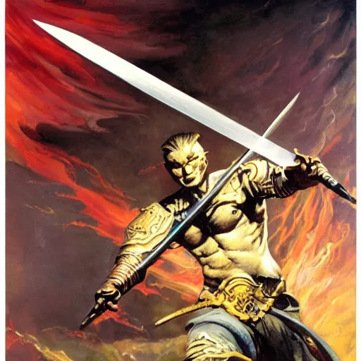 Image similar to a sword where the blade is a fire tornado, painting by frank frazetta, highly detailed, high quality, 8 k, soft lighting, realistic face, path traced