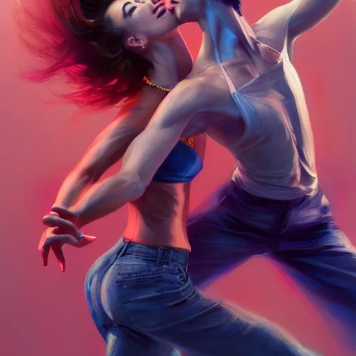 Image similar to semi realistic portrait Salsa Dancing by Stanley Artgerm Lau, strong rim light, Gesture draw, Salsa Social Dance, couple, Salsa tricks, explosive colors background, WLOP, Rossdraws, Gesture draw, James Jean, Andrei Riabovitchev, Marc Simonetti, and Sakimichan, trending on artstation