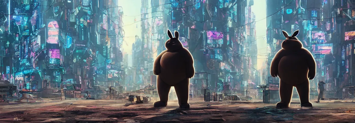 Image similar to photo of big chungus roaming in a cyberpunk futuristic city