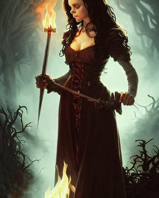 Image similar to Christina Ricci from Sleepy Hollow (1999) casting a fire spell, D&D, fantasy, intricate, elegant, highly detailed, digital painting, artstation, concept art, matte, sharp focus, illustration, hearthstone, art by Artgerm and Greg Rutkowski and Alphonse Mucha