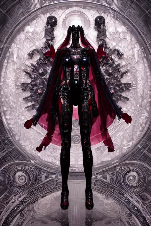 Image similar to full-body cyberpunk style sculpture of a young beautiful dark priestess, half android with a head opening exposing circuitry, glowing red eyes, black roses, flowing blood red colored silk, fabric. candles. baroque elements, human skull. full-length view. baroque element. intricate artwork by caravaggio. crows flying in background. Trending on artstation. octane render. cinematic lighting from the right, hyper realism, octane render, 8k, depth of field, 3D