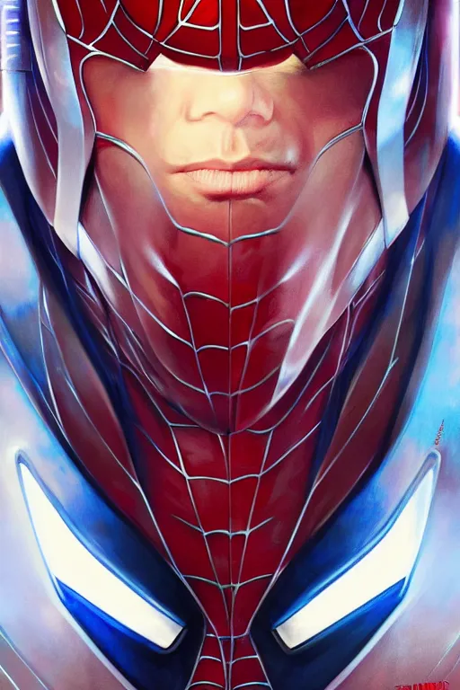 Image similar to elon musk in spider man suit, marvel character, realistic portrait, symmetrical, highly detailed, digital painting, artstation, concept art, smooth, sharp focus, illustration, cinematic lighting, art by artgerm and greg rutkowski and alphonse mucha