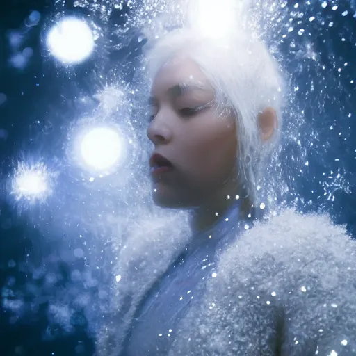 Image similar to futuristic female soldier eyes closed partly submerged in highly viscous clear fluid, frost particles, ice needles, cold blue light, complex hyperdetailed technical suit. white hair flowing. reflection. rays and dispersion of light. volumetric light. 5 0 mm, f / 3 2. noise film photo. ultra realistic, wide angle.