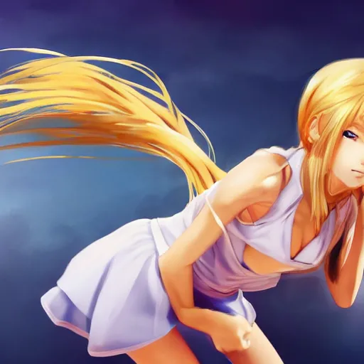 Image similar to a very beautiful young anime tennis girl, full body, long wavy blond hair, sky blue eyes, full round face,, bikini, miniskirt, front view, mid - shot, highly detailed, cinematic wallpaper by stanley artgerm lau