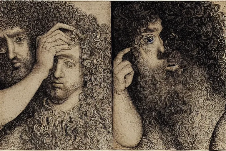 Image similar to an annoyed curly - haired persian guy programmer by leonardo davinci and mc escher