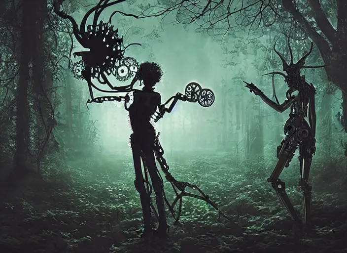 Image similar to silhouette of an intricate mechanical fairy with visible gears having tea with a cyborg winged horned demon medusa in a magical forest. Very detailed 8k. Fantasy cyberpunk horror. Sharp. Cinematic post-processing