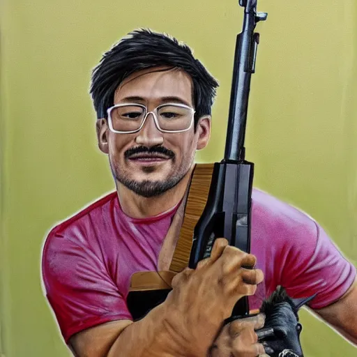 Prompt: markiplier with an AK-47 on a horse, detailed