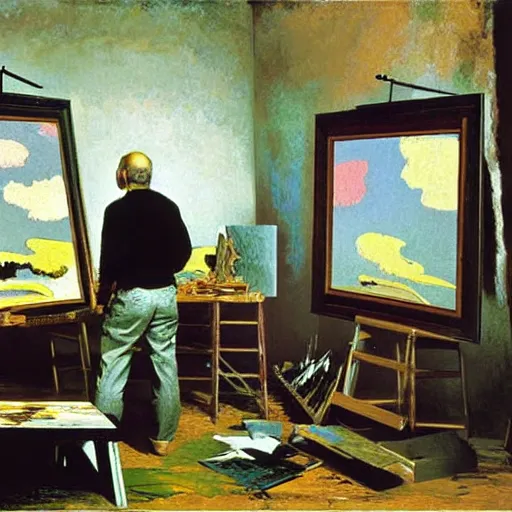 Prompt: jackson pollock at work in his studio, intricate, elegant, digital painting, concept art, sharp focus, rays of light, by rene magritte