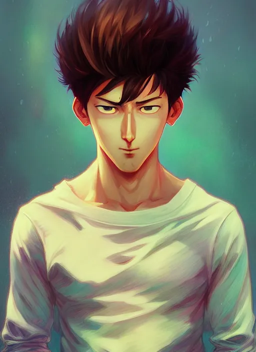 Prompt: handsome saitama, half body shot, path traced, environment, highly detailed, high quality, digital painting, alena aenami, lilia alvarado, shinji aramaki, karol bak, alphonse mucha, tom bagshaw