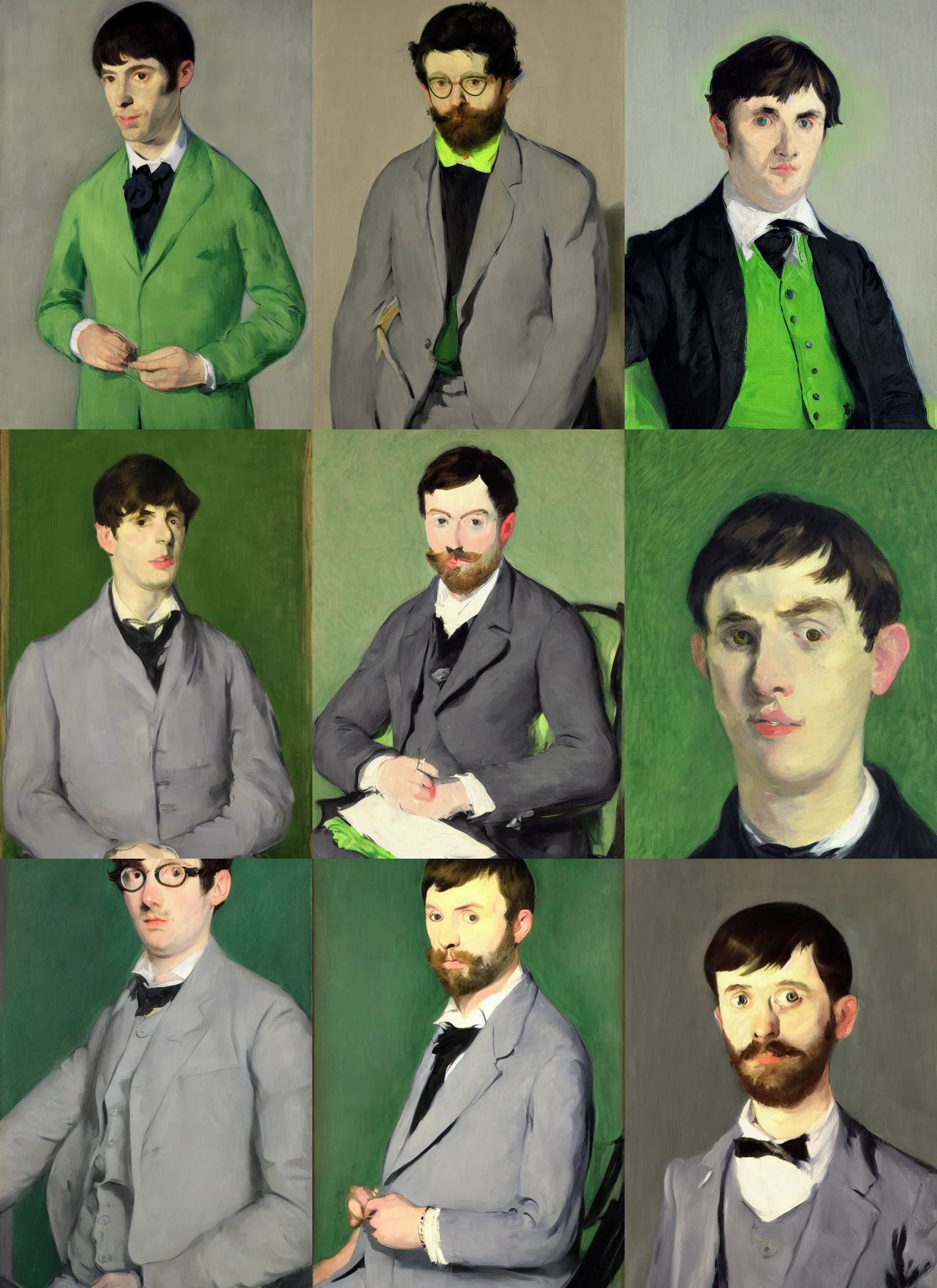 Prompt: portrait of John Egbert wearing a lime green suit, light grey backdrop, oil painting by Manet, super detailed, photorealism, 4k, hd