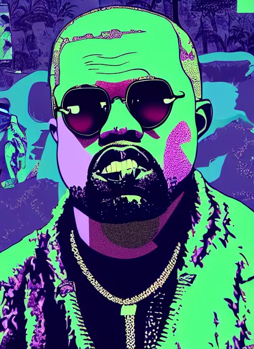 Prompt: portrait of kanye west sunglasses stars in the sky fairies with detailed faces enchanted forest on the ground psychedelic wide angle shot white background vector art illustration gears of war cell shaded illustration gta 5 artwork of kanye west, in the style of gta 5 loading screen, by stephen bliss by hieronymus bosch and frank frazetta