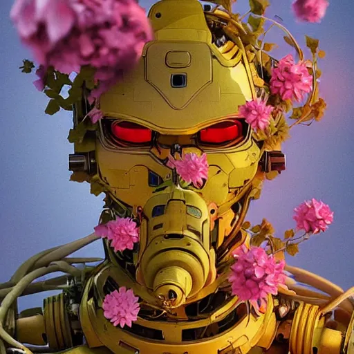 Image similar to colourful vfx art - portrait of army mecha robot wrapped in flowers & vines, art by hsiao - ron cheng & james jean, volumetric light, ray tracing, sharp, detailed, digital painting, illustration, highly detailed, intricate detail, unreal engine, octane render, pinterest, behance, art station,