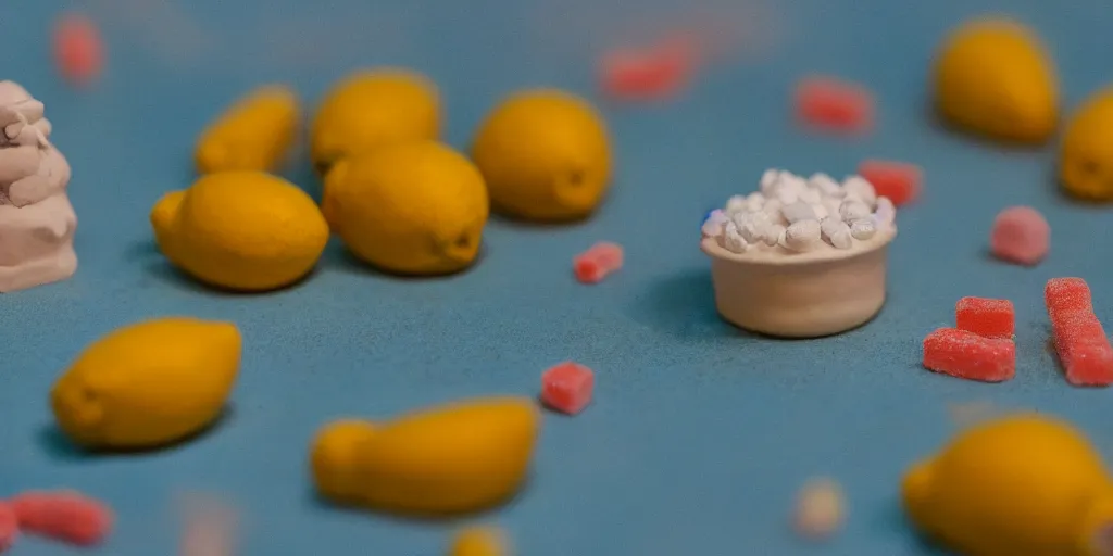 Image similar to a cinematic film still of a claymation stop motion film about a town made of lemons and candy, shallow depth of field, 8 0 mm, f 1. 8