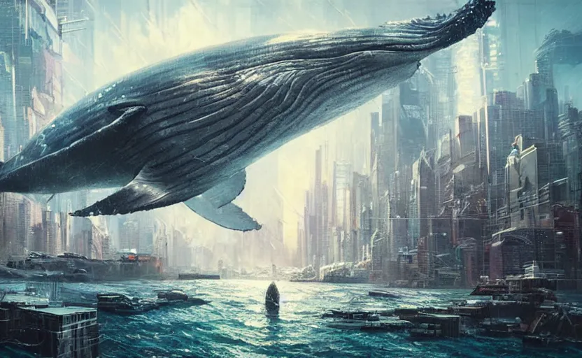 Image similar to cyberpunk whale attacking Newyork city ,digital art,ultra realistic,ultra detailed, ultra wide Lens, art by greg rutkowski