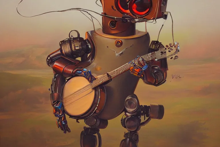 Image similar to painting of a country bumpkin robot playing a banjo, straw in his mouth, style of peter mohrbacher, high detail, hyper realistic, 8 k