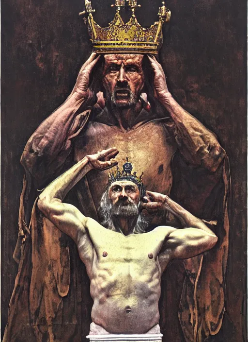 Image similar to upper body and head portrait of dennis hopper dorian yates hybrid as god wearing robes and a crown, by lawrence alma tadema and zdzislaw beksinski and norman rockwell and jack kirby and tom lovell and greg staples