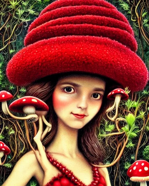 Image similar to highly detailed closeup, of a beautiful brown hair happy woman dressed in a red mushroom hat and clothes, full face view, in a mushroom garden, hyper realistic, psychedelic, illustration, nicoletta ceccoli, mark ryden, lostfish, dan decarlo, bob clampett, max fleischer, digital paint, matte paint, vivid colors, detailed and intricate environment