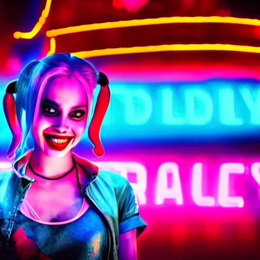 Prompt: harley quinn film still of her standing, head and shoulder shot, smiling, cyberpunk setting, beautiful cityscape background, neon signs, vibrant colors, holograms, 4k, digital art