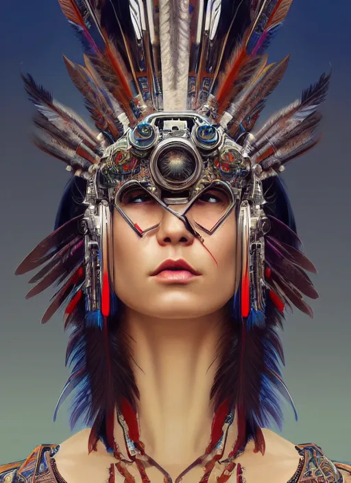 Image similar to portrait of a cyberpunk machine, machine face, upper half portrait, decorated with feathers, native american, fine china, traditional chinese art, intricate, elegant, highly detailed, headpiece, digital painting, artstation, concept art, smooth, sharp focus, illustration, art by artgerm and greg rutkowski and alphonse mucha, 8 k