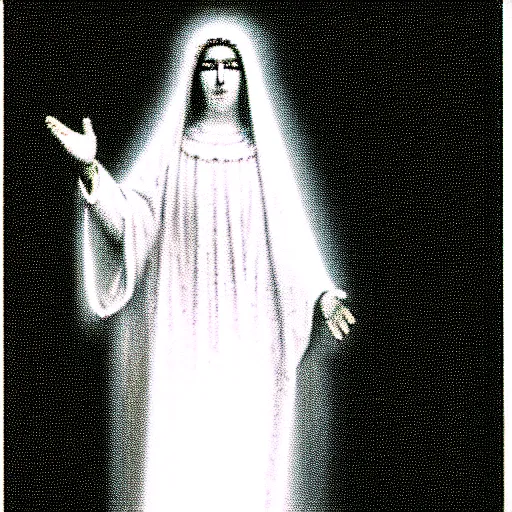 Image similar to vhs static overlay of marian apparition, vhs, 1 9 9 0, highly realistic, highly detailed, vhs noise static, black and white, vhs glitch