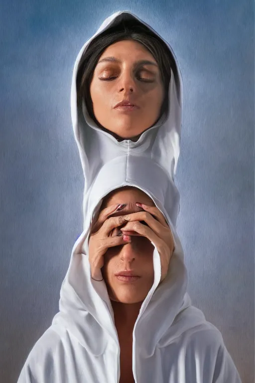 Image similar to transcendental meditation hooded robed cult woman, opening third eye, chakra energy waves resonating from her body, ethereal aura, epic surrealism 8k oil painting, portrait, perspective, high definition, post modernist layering, by Peter Kemp