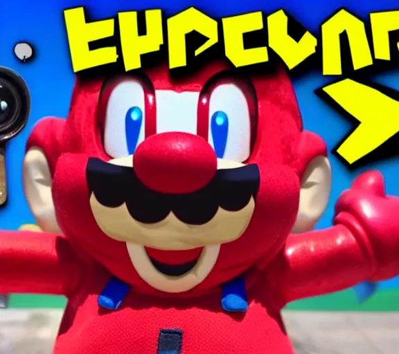 Image similar to Super Duper Mario, the legendary creepypasta monster with hyperrealistic bloody eyes, VHS found footage