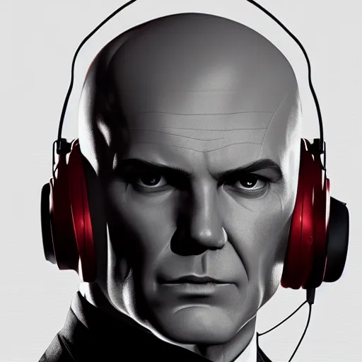 Image similar to a concept art portrait of agent 4 7 from hitman wearing headphones, dark background, red rim light, highly detailed, smooth, sharp focus, art by jason chan