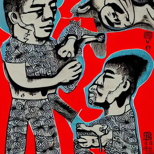 Image similar to chinese prisoners, organs, in the style of daniel johnston and outsider art, 4k, overlaid with chinese text