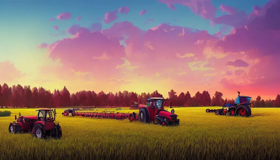 Prompt: colourful sky, wheat field, tractors, big trees, matte painting, art station, digital art, simon stalenhag