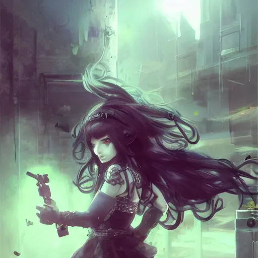 Image similar to goth woman playing videogames, tankoban, 4 k, tone mapping, akihiko yoshida, james jean andrei riabovitchev marc simonetti, yoshitaka amano, long hair, curly, h. hydrochaeri