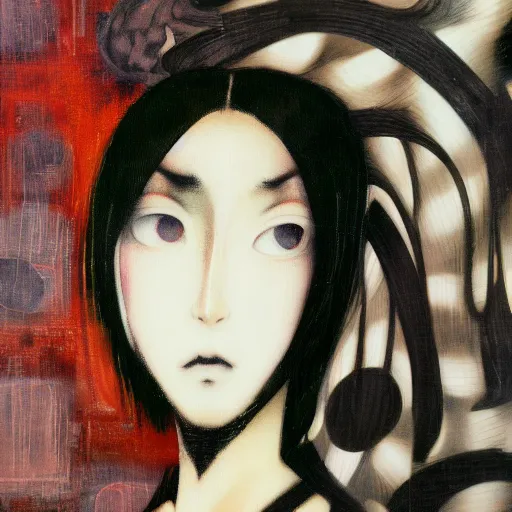 Image similar to yoshitaka amano blurred and dreamy minimalistic oil portrait of a young woman with black lipstick and black eyes wearing dress suit with tie, junji ito abstract patterns in the background, satoshi kon anime, noisy film grain effect, highly detailed, renaissance oil painting, wide brush strokes, weird portrait angle, blurred lost edges