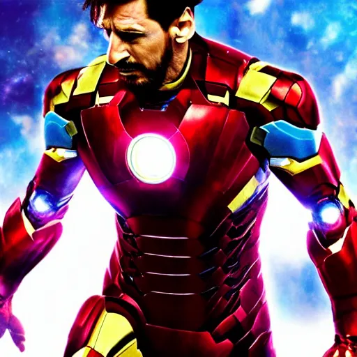 Image similar to Lionel Messi as Ironman in The Avengers, Marvel, Film Still, 35mm dramatic lighting, cinematic, deep focus, styleframe,