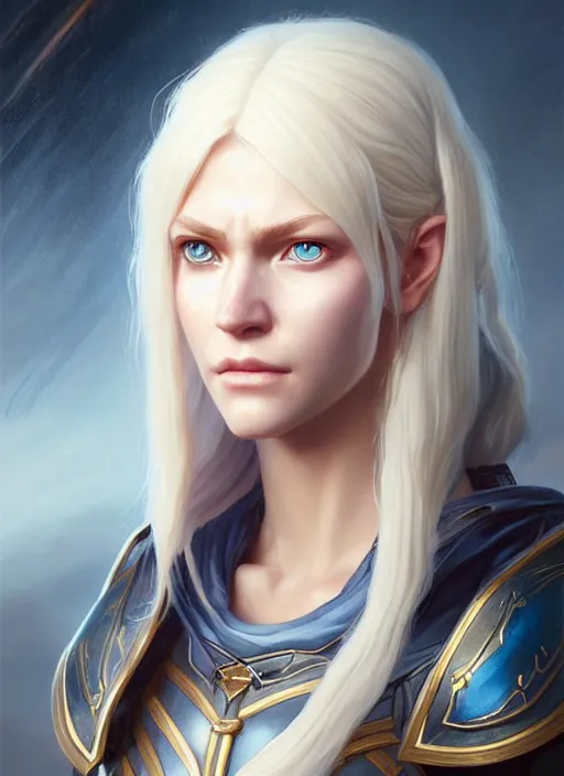 Image similar to a fantasy style portrait painting of shy white female paladin with blonde hair and blue eyes shy, scar under left eye, holy oil painting unreal 5 daz. rpg portrait extremely detailed artgerm greg rutkowski _ greg