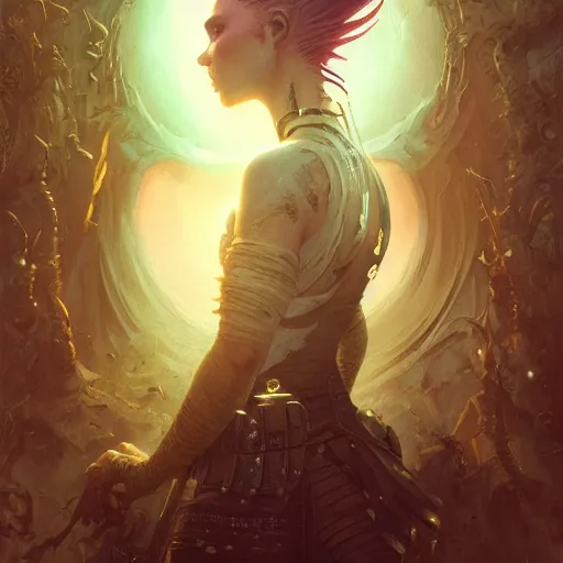 Prompt: highly detailed portrait from a gothic man with mohawk hair, stephen bliss, unreal engine, fantasy art by greg rutkowski, loish, rhads, ferdinand knab, makoto shinkai and lois van baarle, ilya kuvshinov, rossdraws, tom bagshaw, global illumination, radiant light, detailed and intricate environment