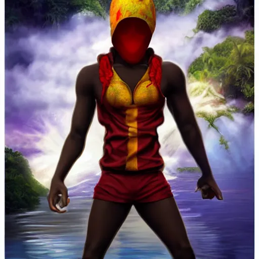 Image similar to black young man, one legged, fit, with red hood, yellow eyes, smoking a pipe, rastafari hair, red shorts, bare foot, Amazon rainforest background, crescent moon, river, art by artgerm, photo realistic, magical aura, cool pose