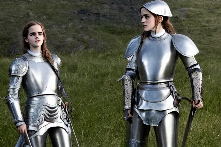 Prompt: promotional image of Emma Watson as Joan of Arc in the new movie directed by Ridley Scott, full suit of gilded plate armor, verdant green fields, god rays, detailed face, holding a sword, movie still, promotional image, imax 70 mm footage