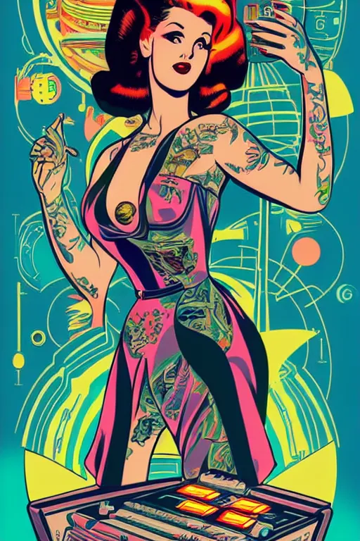 Prompt: a 5 0 s art deco tattooed pinup girl at the interior of an international space station fuill of electronic equipment, poster art by milton glaser, kilian eng, moebius, behance contest winner, psychedelic art, concert poster, poster art, maximalist