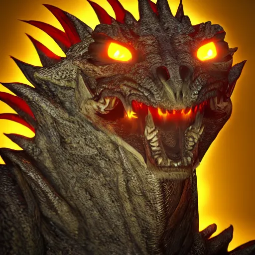 Image similar to portrait of the most fierce dragon ever, burning red eyes, photorealistic, intense lighting, unreal engine