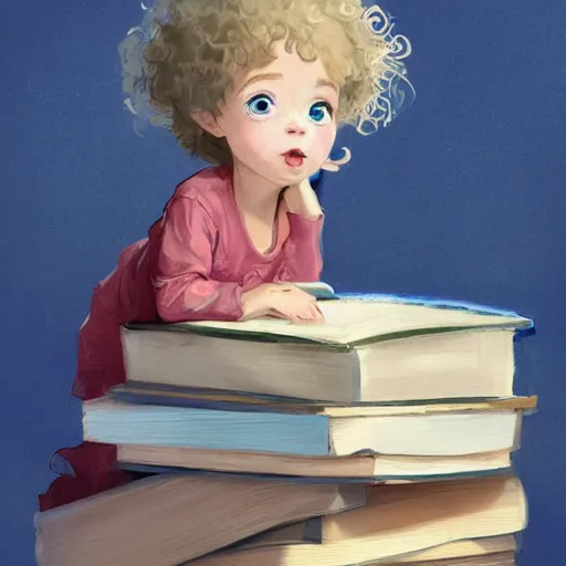 Prompt: a cute little girl with a round cherubic face, blue eyes, and short curly light brown hair sitting on top of a stack of books. beautiful 2 d cartoon painting with highly detailed face by quentin blake and greg rutkowski