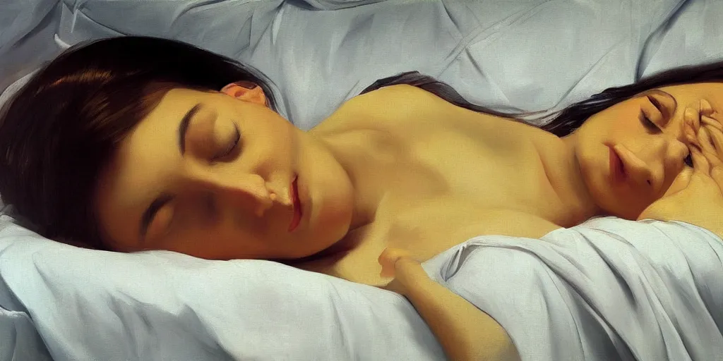 Image similar to beautiful oil matte portrait painting, young woman with closed eyes lying on a red bedsheet with blue pillows wearing a mustard yellow dress, detailed face, wonderful masterpiece, highly detailed, beautiful cinematic light, deep focus, elegant, digital painting, smooth, sharp focus, golden ratio, dramatic illumination, ultra realistic, 8 k, art by jimmy law and caravaggio