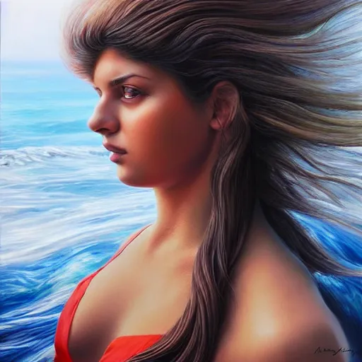 Prompt: girl with ocean wave hair, in the style of aykutmaykut, by aykut aydogdu, hyperrealism oil painting