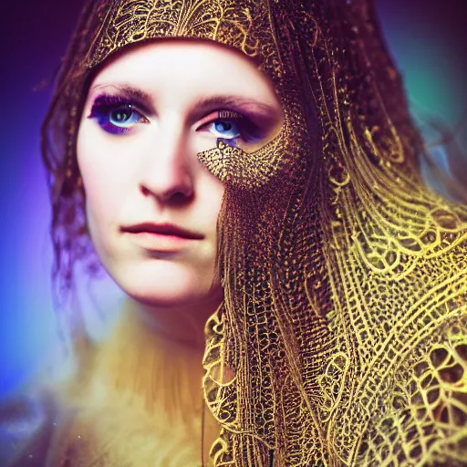 Image similar to an award finning closeup photo by a famous portrait photographer of a beautiful female bohemian cyberpunk musician in filigree fractal robes