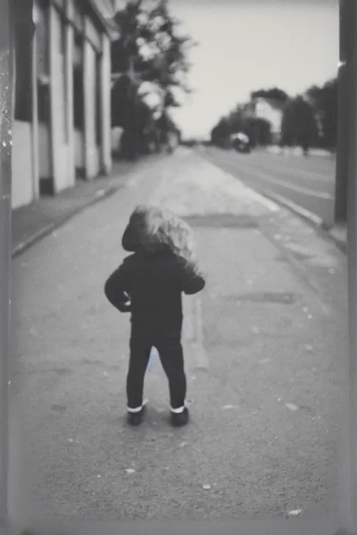 Image similar to photo polaroid of sad and lonely child in the middle of the street, looks towards a funfair, loneliness, black and white ,photorealistic, 35mm film,high detailed