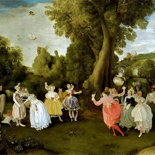 Prompt: oil painting by watteau of the garden of earthly delights